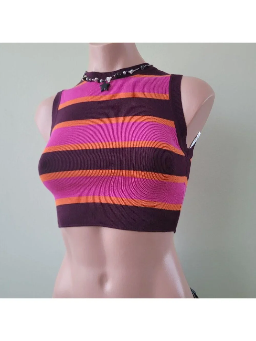 Zara Tangerine &amp; Bubblegum Contrast Knit Striped Summer Tank Top (S) - Picture 2 of 5